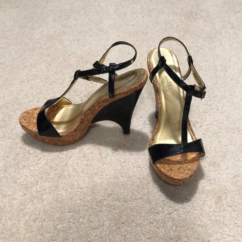 Black and cork platform wedge heels. Size 8